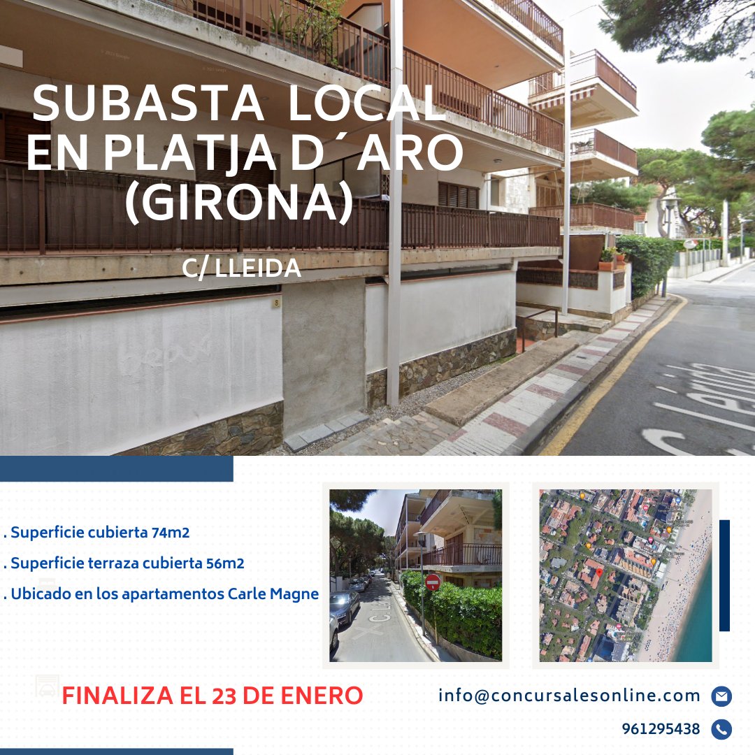 ConcursalesOn's tweet photo. OCASION!!

#Subasta local comercial en #PLATJA D’ARO #Girona

Con una superfice total de 130 m2

📍Ubicado en los apartamentos Carle Magne en C/ Lleida, nº 8-10

📅La subasta finaliza el 23 de enero.

Para más información:
📌https://t.co/BiOSOKJbCj https://t.co/qmhgncacSt