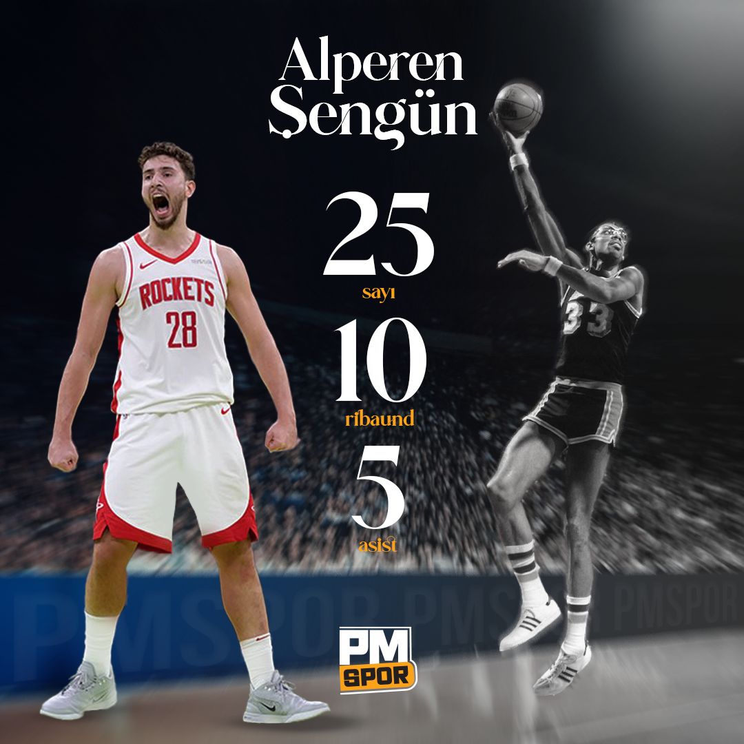 1️⃣3️⃣ Alperen Şengün, kariyerinde 13. kez bir maçta +25 sayı, +10 ribaund ve +5 asist istatistikleri yakaladı.

🏀 Tarihte 23 yaşından önce aynı istatistikleri daha fazla aşabilen tek bir pivot var: Kareem Abdul-Jabbar

#NBA