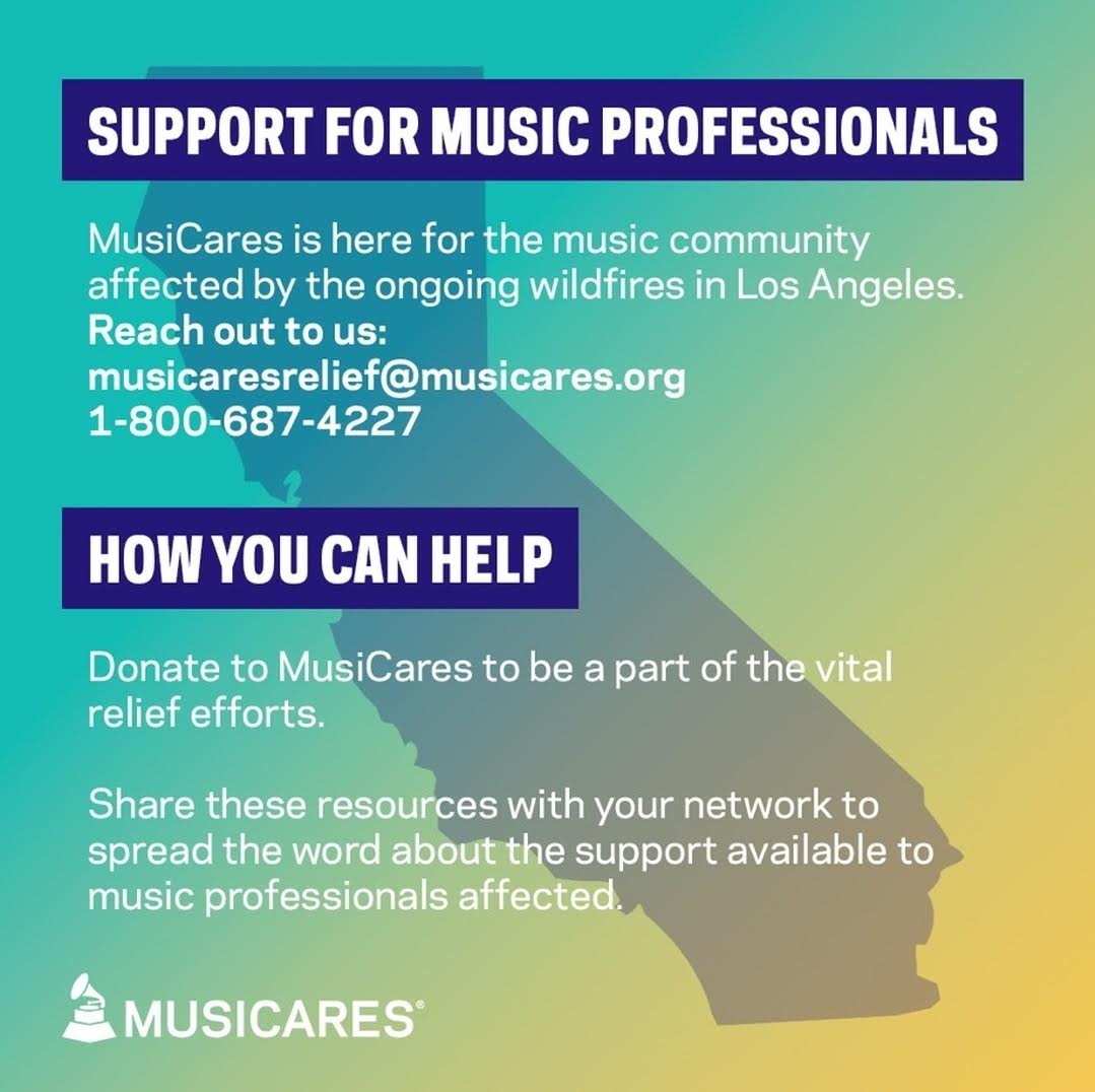 Andrew Barber (@fakeshoredrive) on Twitter photo PLEASE SHARE: For any artists in the LA area
Musicares is providing emergency funding related to evacuation & relocation, instrument replacement/repair, mental health resources, essential living needs & more. Reach out to musicaresrelief@musicares.org or call 1-800-687-4227 PLEASE SHARE: For any artists in the LA area
Musicares is providing emergency funding related to evacuation & relocation, instrument replacement/repair, mental health resources, essential living needs & more. Reach out to musicaresrelief@musicares.org or call 1-800-687-4227
