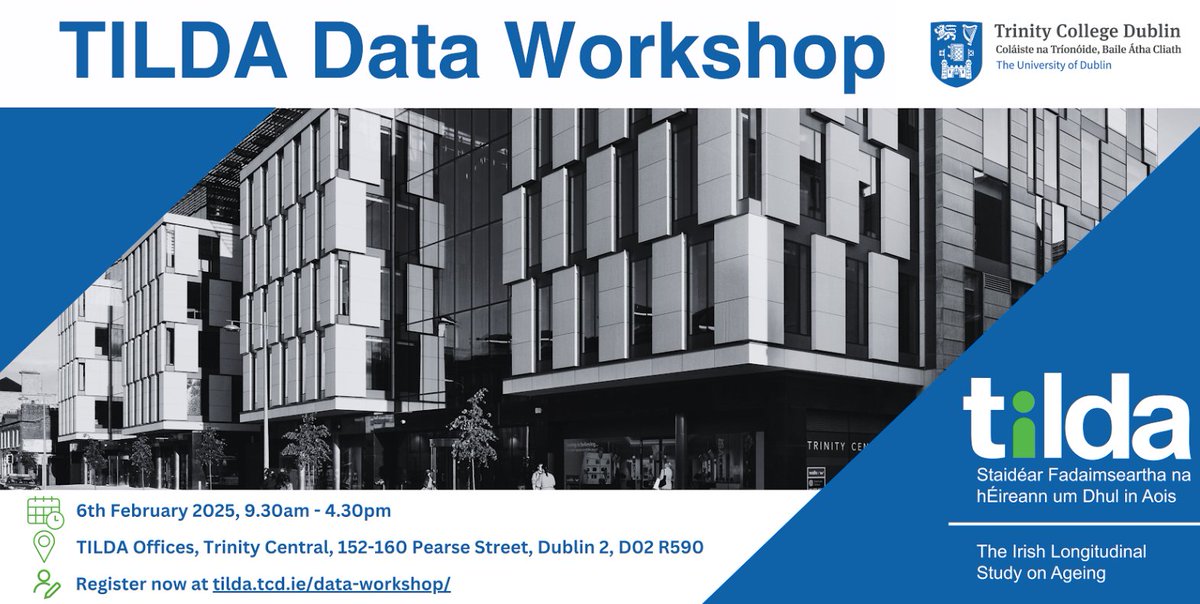 📢 Calling all researchers! The first in-person TILDA Data Workshop of 2025 will be on 6th Feb 2025!

Learn from experts, explore our data, &amp; gain hands-on experience with Stata and SPSS.

📅 Seats limited—register now: bit.ly/4abHjSI
#TILDA #DataWorkshop #HealthData