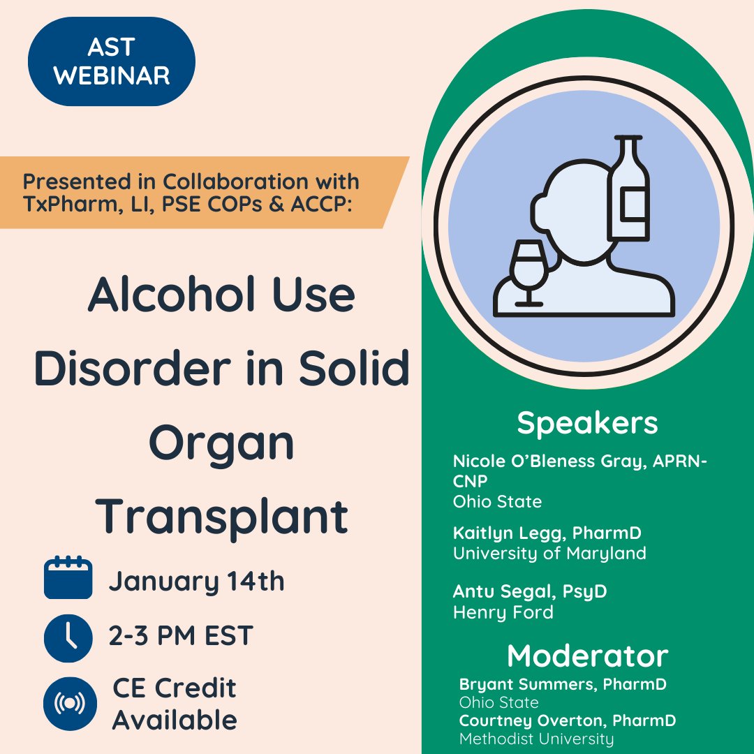 Join us to learn more about alcohol use disorder in Solid Organ Transplant patients! Sign up here: us02web.zoom.us/meeting/regist…