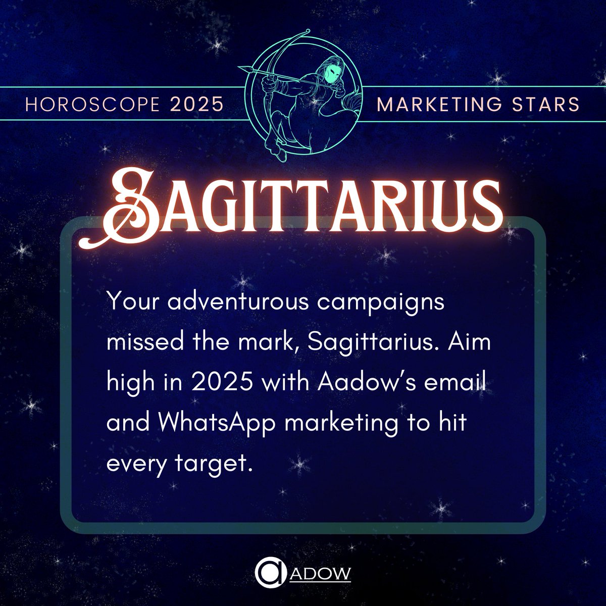 aadow_com's tweet photo. Sagittarius, aim higher in 2025! 🏹 With Aadow's email and WhatsApp marketing, your adventurous campaigns will hit every target. 🎯 #Sagittarius #MarketingGoals #Aadow #EmailMarketing #WhatsAppMarketing #2025 #SagittariusMarketing
#SagittariusHoroscope
#MarketingTips
#Motivation https://t.co/hBT8xZRMQ2