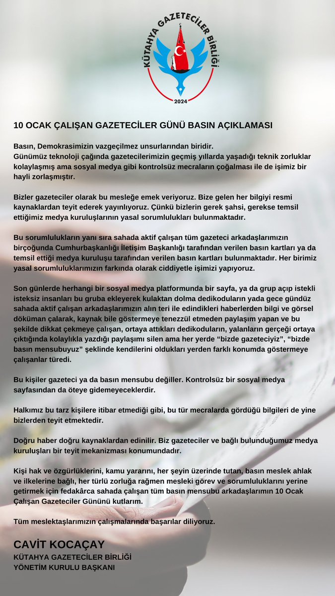 “Kütahya Gazeteciler Birliği’nden 10 Ocak Çalışan Gazeteciler Günü Mesajı”

#ÇalışanGazetecilerGünü
#10OcakGazetecilerGünü
#BasınınEmekçileri
#GazetecilikÖzgürlüktür
#DoğruHaberinPeşinde
#BasınEmekçileri
#HaberinKahramanları
#GazeteciOlmak
#ÖzgürBasın
#gazetecilergünü