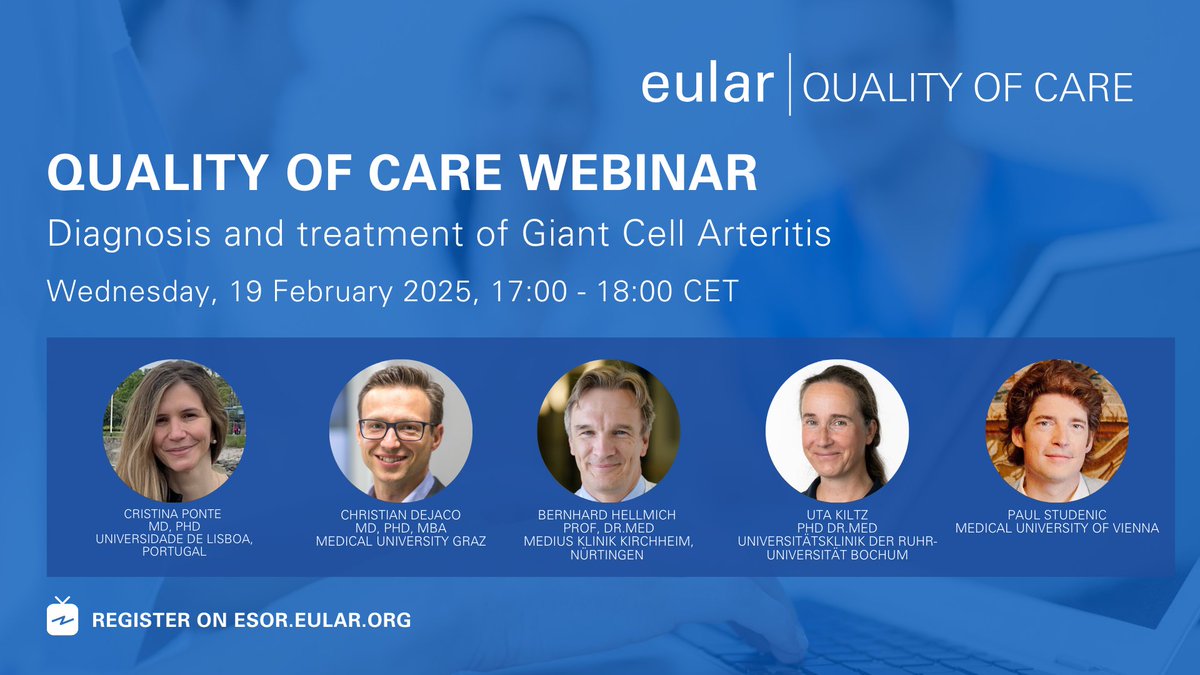 🚀Join us for our FIRST Quality of Care webinar "Diagnosis and Treatment of Giant Cell Arteritis"!

💻Wednesday, 19 February 2025, 17:00 -18:00 CET

Register here👉 pulse.ly/qvzddkjecr

#EULAR #eularQUALITYOFCARE #Rheumatology #Rheuma #Arteritis #GCA #AutoImmune