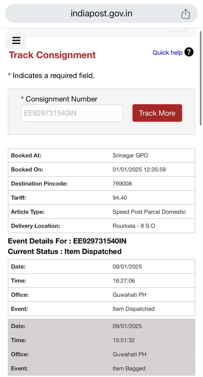 gulkhalidmohd's tweet photo. OUTRAGEOUS! Speed Post parcel booked on Jan 1 from Srinagar to Odisha still MISSING IN ACTION! But what's more shocking is the illogical routing: Srinagar> Guwahati> ????! 
Is Speed Post now a joke? 
@IndiaPostOffice @IndiaPostJK https://t.co/F2ry9Jmp7y