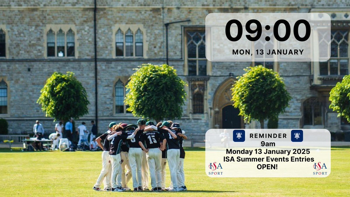 📅 Mark your calendars! 🗓️ 
ISA Summer Term event entries open on Monday 13 January!  
Don't miss your chance to be part of something.
Stay tuned for all the details and get ready to register! 🔥 
buff.ly/4aPGBJy 
#ISASport #ISASummerTerm