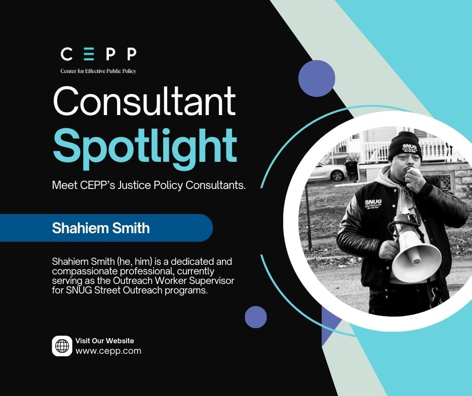 Meet CEPP’s Justice Policy Consultants!

Shahiem Smith (he, him) is a dedicated and compassionate professional, currently serving as the Outreach Worker Supervisor for SNUG Street Outreach programs.

Learn more about Shahiem: cepp.com/project/cepp-j…