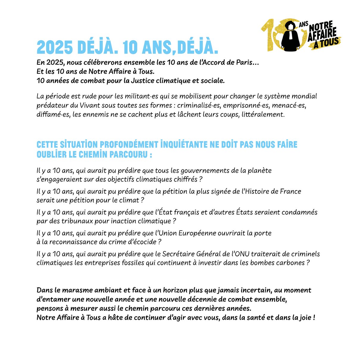 ✨ En cette nouvelle année, nous vous disons MERCI ET BRAVO ! ✨
Cette année marquera pour nous celle de nos 10 ans. Une décennie au service de la justice climatique et sociale, un défi que nous avons pu relever grâce à votre soutien !
Adhérer pour 2025 👉 helloasso.com/associations/n…