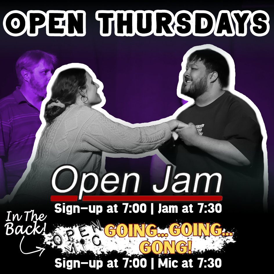 Open Thursday is tonight

7:30 - Open Jam

7:30 - Open Mic: Going... Going... GONG!

Sign-ups 30 minutes before each show.

Free to Jam/Mic. $10 to watch.

The Bird Comedy Theater is Kansas City's Best Comedy Club (The Pitch KC). Give Your Week The Bird.

TheBirdKC.com