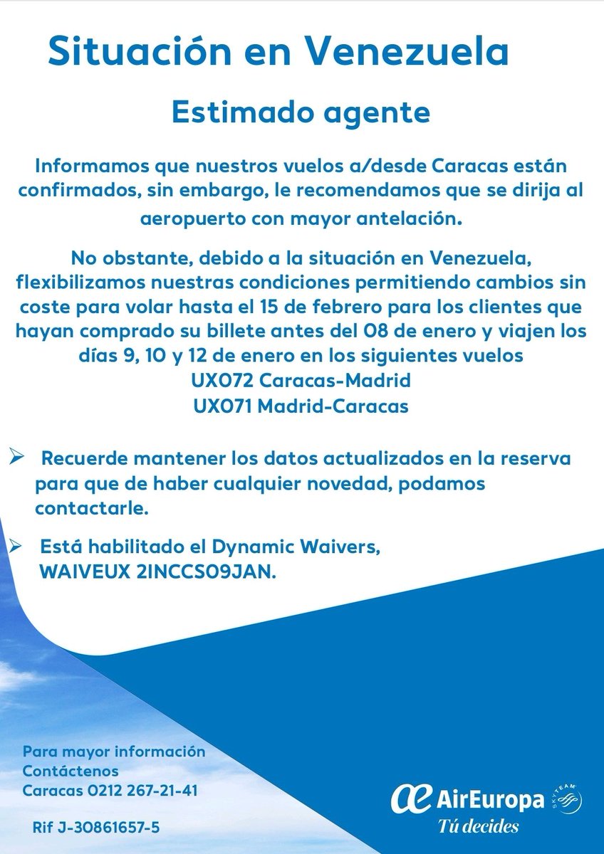 Situación en Venezuela 09, 10 y 12 Enero #aireuropa