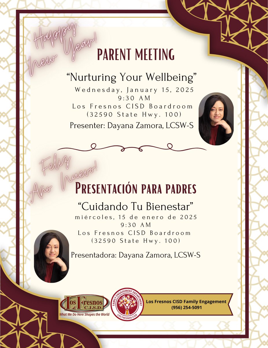 LFCISDFamEngage's tweet image. Please join us Wednesday, January 15th for a parent presentation with Mrs. Dayana Zamora, LCSW-S on the topic of “Nurturing Your Wellbeing” at 9:30AM at the Los Fresnos CISD Boardroom! See you there! @jmcdonough33