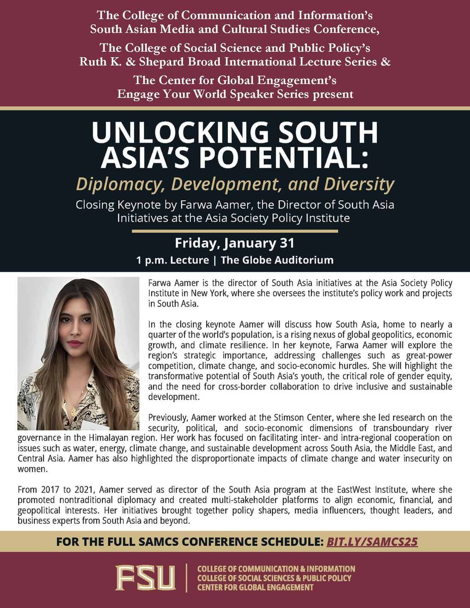 We are excited to announce the closing #keynote address by Farwa Aamer, Director of South Asia Initiatives at the Asia Society Policy Institute at the 11th Annual SAMCSConference. 
 
 Visit our website: bit.ly/samcs25
 
 #samcs25 #CelebratingVoices