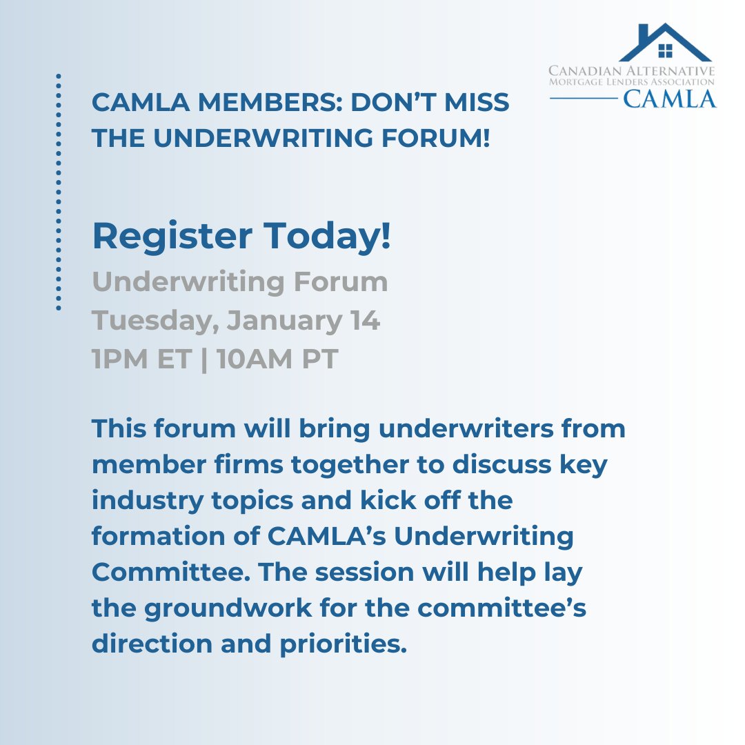 Calling all CAMLA member underwriters! 

Register now (see January 7 email for registration link)!

#underwriters #UnderwritingForum #UnderwritingCommittee #realestate #mortgage #privatelending #alternativelendingCAMLA