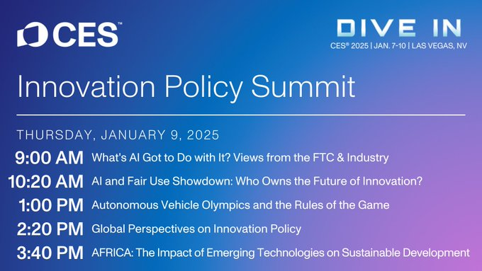 Eli_Krumova's tweet photo. Day 3 of the #Innovation Policy Summit Schedule
@CTATech @CES
#CES2025 #CES #Tech #TechTrends #Technology #FutureTech #EmergingTech #Innovation #AI #Digitaltransfirmation #Industry40 #Futureofwork https://t.co/Wgv7YI1x5M