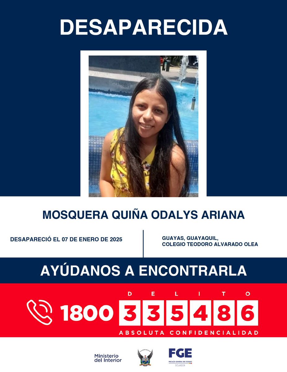 #DesaparecidosEcuador | #Guayas: si tienes información sobre la ubicación de Odalys Ariana Mosquera Quiña, comunícate de inmediato con las autoridades. Fue vista por última vez el 7 de enero de 2025 en el sector del colegio Teodoro Alvarado Olea, en #Guayaquil.