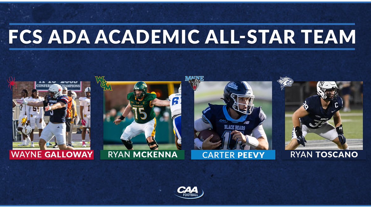 CAAFootball's tweet image. 4 #CAAFB student-athletes were selected to the FCS ADA Academic All-Star team

@Spiders_FB linebacker Wayne Galloway

@WMTribeFootball offensive lineman Ryan McKenna

@BlackBearsFB quarterback Carter Peevy 

@UNH_Football  linebacker Ryan Toscano

📰 tinyurl.com/3xwbnusu
