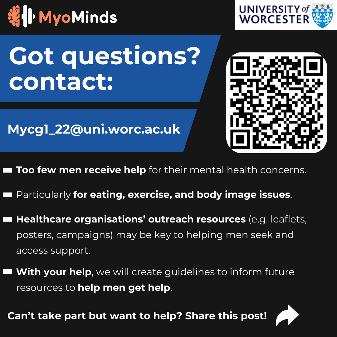 🚨 Calling all men! 🚨

We need your help to improve mental health support for men struggling with eating, exercise, and body image concerns. Your input can guide the creation of resources to make a difference.

👉Take part here: app.onlinesurveys.jisc.ac.uk/s/ucw/brainsto…