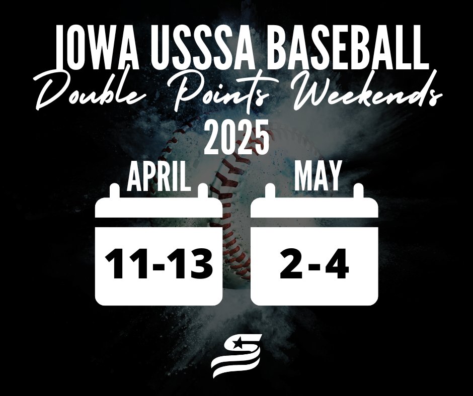 Mark your calendars!

Iowa USSSA Baseball Double Points Weekends Announced! Great opportunity to gain additional USSSA points during the season.

Register your team for a Double Points Weekend event - spots filling quickly!
iabaseball.usssa.com/events/
