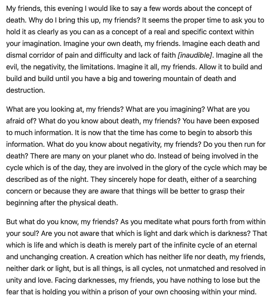 Facing darknesses, my friends, you have nothing to lose but the fear that is holding you within a prison of your own choosing within your mind. llresearch.org/channeling/197…