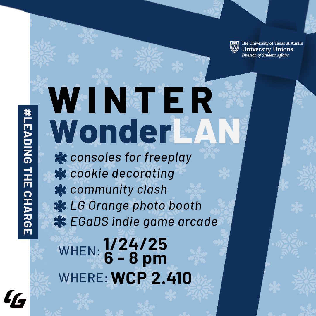 Longhorn Gaming is kicking off 2025 with Winter WonderLAN! 🎮❄️ Join us for party games, free food, and some friendly competition with UT’s gaming communities. Don’t miss out on the fun -- we’ll see you there!
