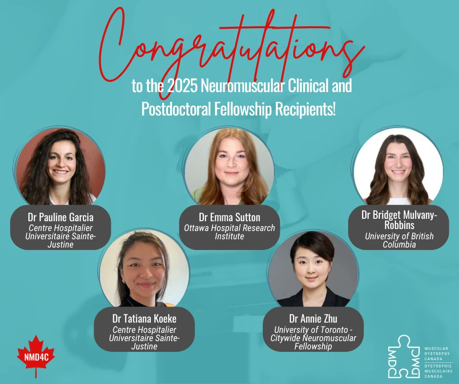 Neuromuscular Disease Network for Canada (NMD4C) (@nmd4canada) on Twitter photo Together with <a href="/MD_Canada/">Muscular Dystrophy Canada</a> we are excited to announce the 2⃣0⃣2⃣5⃣ recipients of our neuromuscular fellowship funding competition, awarding postdoctoral fellowships in NMD research and clinical fellowships in NM medicine and EMG! 🎉
Read more: neuromuscularnetwork.ca/news/2025-nmd4…
<a href="/CIHR_IMHA/">CIHR-IMHA Community</a> Together with <a href="/MD_Canada/">Muscular Dystrophy Canada</a> we are excited to announce the 2⃣0⃣2⃣5⃣ recipients of our neuromuscular fellowship funding competition, awarding postdoctoral fellowships in NMD research and clinical fellowships in NM medicine and EMG! 🎉
Read more: neuromuscularnetwork.ca/news/2025-nmd4…
<a href="/CIHR_IMHA/">CIHR-IMHA Community</a>