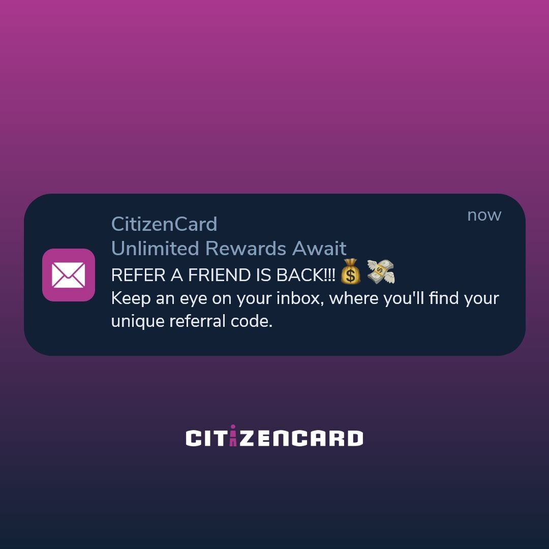 🔔 We've launched our Refer a Friend campaign! 🔔
CitizenCard holders can now earn rewards while helping friends save £5 on their CitizenCard.💳

Cardholders will soon receive an email with their unique referral code. Campaign ends 28th Feb!

*T&amp;Cs in your email.*