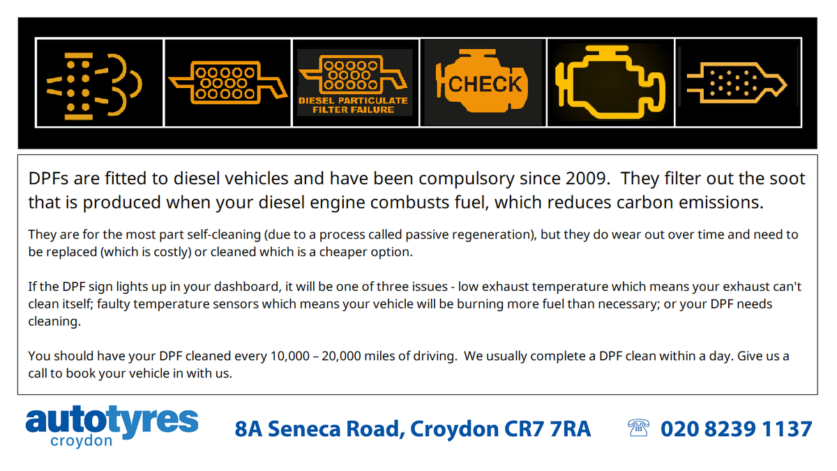 Issues with your DPF can cause real problems when driving a diesel vehicle.

Visit autotyrescroydon.co.uk for more information or contact us on 020 8239 1137 to book your vehicle in.

#Croydon #Garage #Mechanic #VehicleMechanic #MOT #dpfcleaning #dieselparticulatefilter