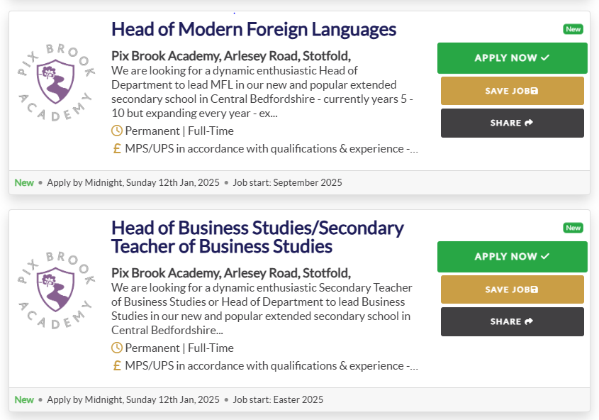 ⏳ CLOSING SOON!

Two department head roles at Pix Brook Academy, our extended secondary school in Stotfold, close for applications this weekend.

🟣 Head of Modern Foreign Languages
🟣 Head of Business Studies (or Secondary Teacher)

Apply online today:
mynewterm.com/school/Pix-Bro…