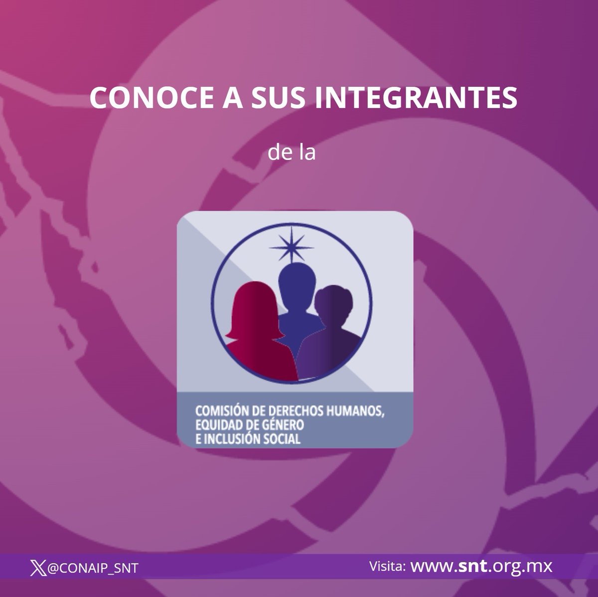 La Comisión de Derechos Humanos, Equidad de Género e Inclusión Social <a href="/cdhegis/">@CDHEGIS</a> del #SNT es el espacio en el que se discuten propuestas y programas para promover el respeto de tus garantías individuales  
Conoce a sus integrantes: snt.org.mx/cdhegis/?page_…