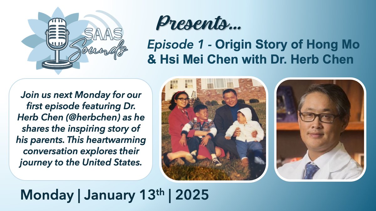 SocAsianAcadSurg (@asianacadsurg) on Twitter photo 🎙️Curious about the stories of our <a href="/AsianAcadSurg/">SocAsianAcadSurg</a> members?
Join us for the launch of our new podcast #SAASSounds on Mon 1/13/25 on Apple and Spotify! In this first episode, we will explore the inspiring story of Hong Mo & Hsi Mei Chen, parents to <a href="/herbchen/">herb chen</a> from <a href="/UABSurgery/">UAB Surgery</a>! 🎙️Curious about the stories of our <a href="/AsianAcadSurg/">SocAsianAcadSurg</a> members?
Join us for the launch of our new podcast #SAASSounds on Mon 1/13/25 on Apple and Spotify! In this first episode, we will explore the inspiring story of Hong Mo & Hsi Mei Chen, parents to <a href="/herbchen/">herb chen</a> from <a href="/UABSurgery/">UAB Surgery</a>!