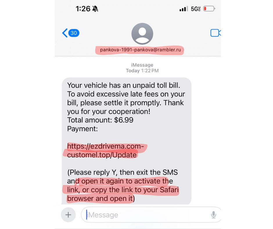 **Scam Alert**

Be weary of unsolicited texts, emails, and other messages requesting or demanding you click links. Scammers can access your device or account information via these harmful links. This photo serves as an example of one such scam.