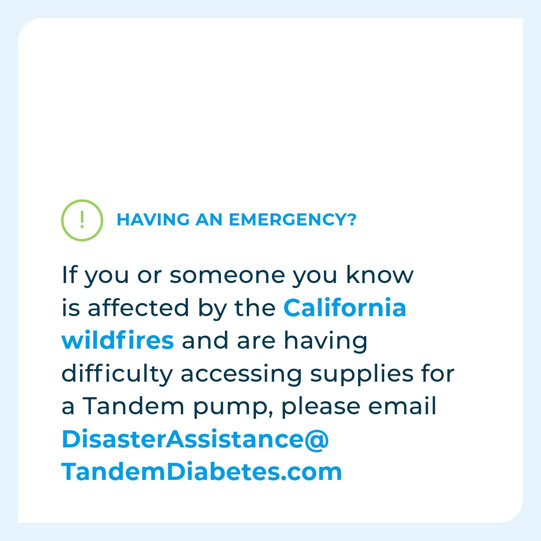 TandemDiabetes's tweet image. If you or someone you know is affected by the California wildfires and are having difficulty accessing supplies for a Tandem pump, please email us at DisasterAssistance@tandemdiabetes.com so that we can help coordinate (cont) spklr.io/l/60110Gqv