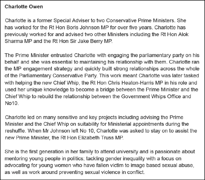 After an FOI dispute lasting 18 months I've finally obtained the official reasons Boris Johnson gave for peerages of Charlotte Owen &amp; Ross Kempsell. The reasons cited for Owen seem thin, inadequate &amp; lacking in evidence, leaving her peerage as a mystery rather than justifying it.