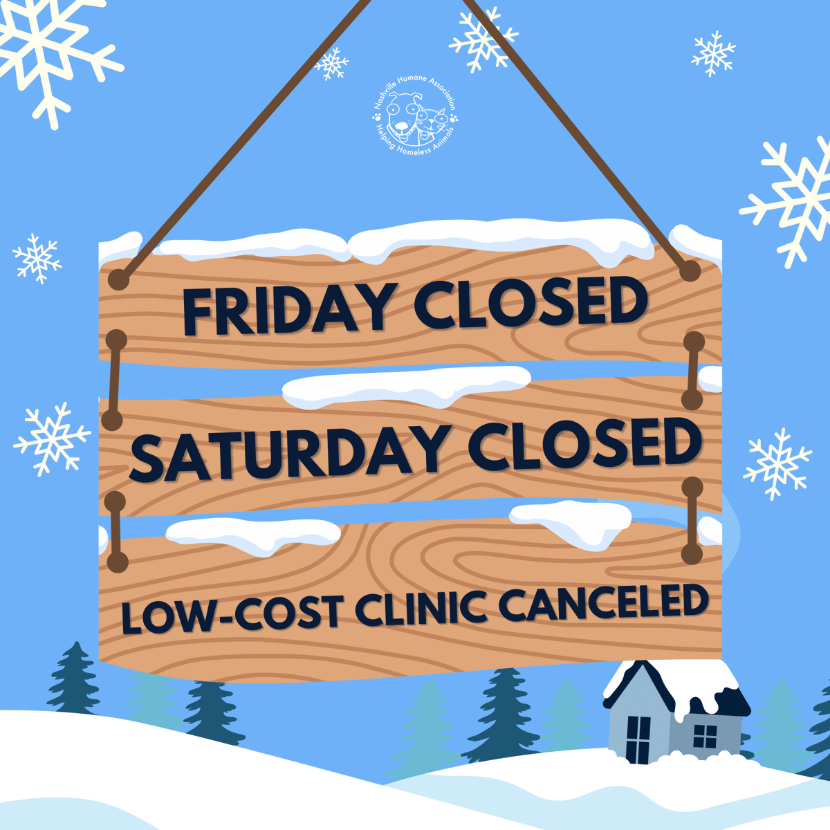 Nashville Humane will be closed to the public on Friday, January 10th, and Saturday, January 11th due to the expected winter weather. This also means that our Low-Cost Clinic, scheduled for Saturday, has been canceled. Head to our Facebook and Instagram for more info!🤍