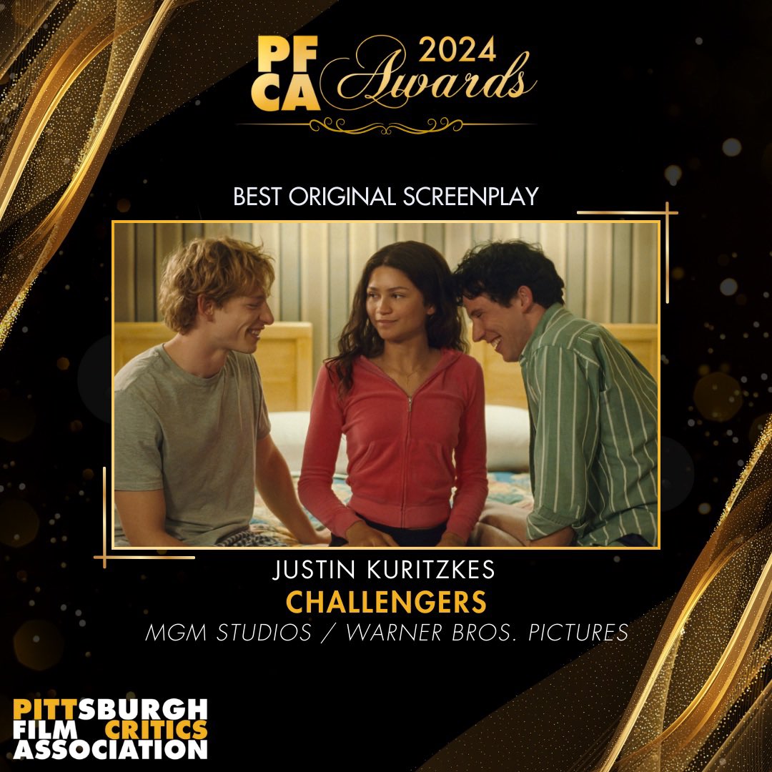 PGHFilmCritics's tweet photo. Next up, our prizes for Best Original and Adapted Screenplay. Best Original Screenplay goes to #JustinKuritzkes for his breathtaking script for #Challengers.
Our runner-up prize goes to #SeanBaker for the unforgettable #Anora. #PFCAAwards https://t.co/Uz0ar4dtPt