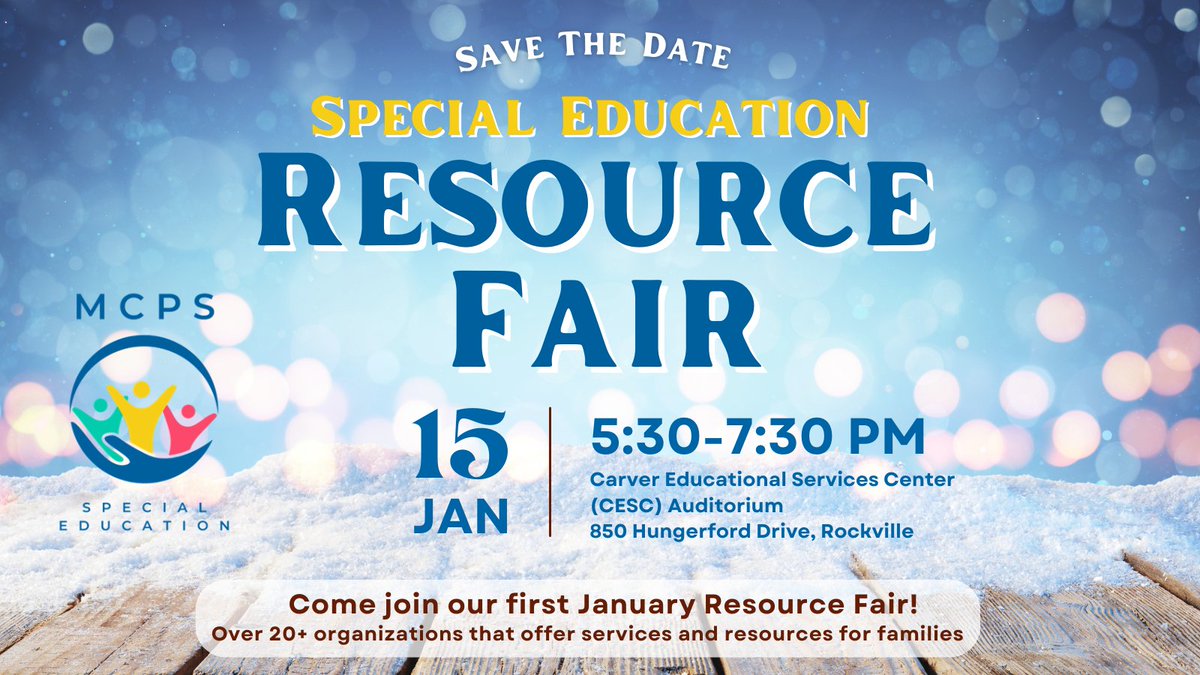 Special Education Resource Fair
Wednesday, January 15, 2025
5:30- 7:30 pm
FREE- In Person | No registration required
Sponsored by The Family Support Center and DSES
Location: CESC Auditorium, 850 Hungerford Drive, Rockville