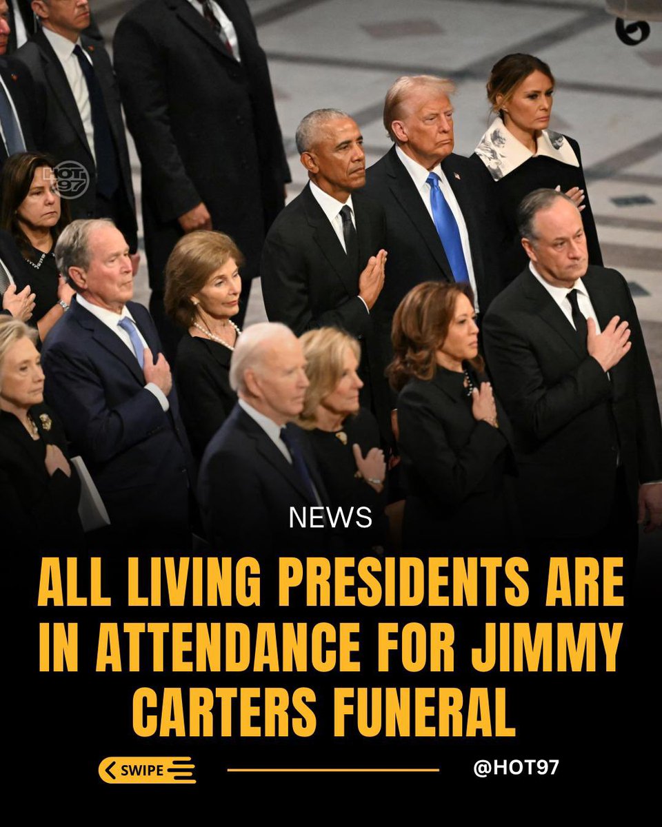 HOT97's tweet photo. The likes of #DonaldTrump, #BarackObama, President #JoeBiden, #KamalaHarris and more attended #JimmyCarters Funeral. https://t.co/LjKDH3QKMN