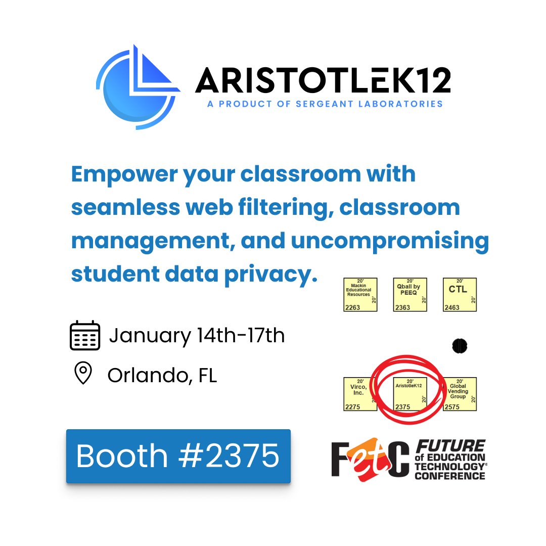 Sergeant_Labs's tweet image. Transform your EdTech experience with AristotleK12! 🌟While other tools may only scratch the surface of your needs, we offer a comprehensive platform that evolves with you.

Join us at #FETC next week as we celebrate #FETC2025! 🎉 Swing by our booth to explore our amazing setup…