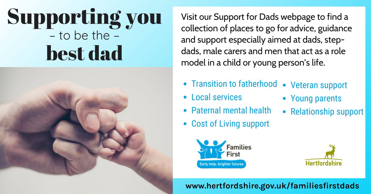 Calling all dads in Hertfordshire!
Discover a wealth of resources and support tailored just for you at the Families First Support for Dads webpage. 
#FamiliesFirstDads #HertfordshireDads #ParentingSupport #earlyhelp
hertfordshire.gov.uk/familiesfirstd… <a href="/HPFT_NHS/">Hertfordshire Partnership University NHS FT (HPFT)</a>