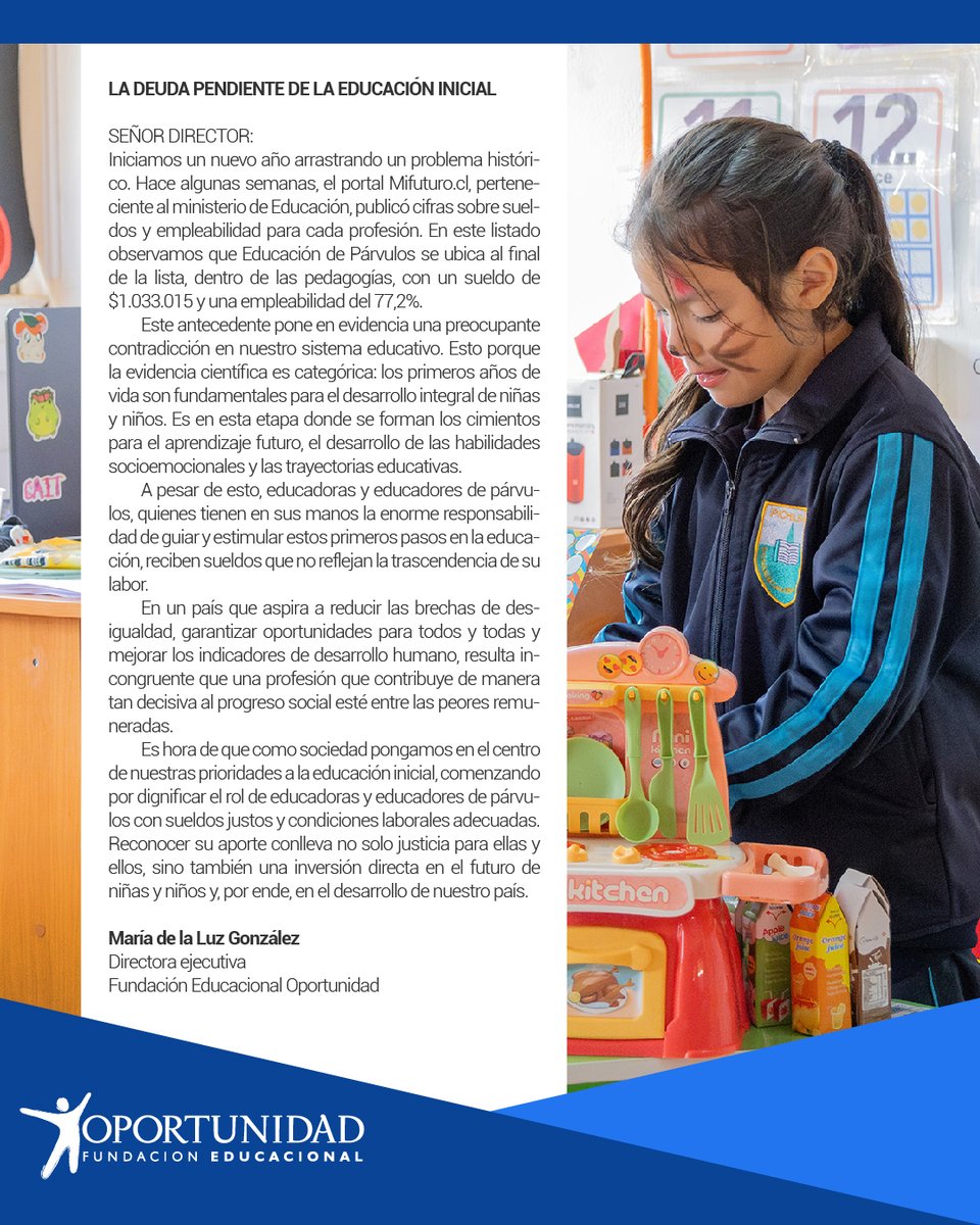 El diario La Tercera publicó esta carta de nuestra directora ejecutiva María de la Luz González en la que realiza un llamado a dignificar el rol de educadoras y educadores de párvulos con sueldos justos y condiciones laborales adecuadas.
#educacionparvularia
#educadorasdeparvulos