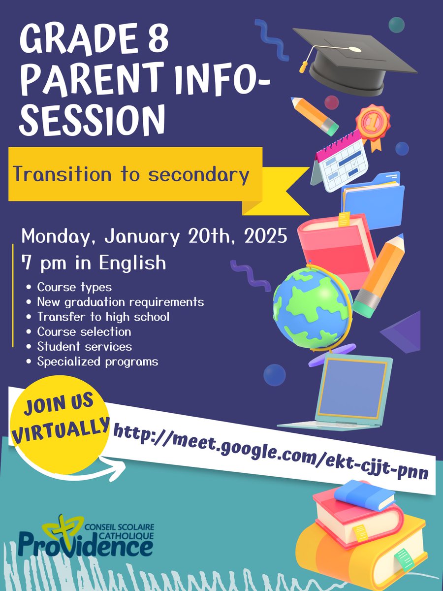 Chers parents de la 8e année, une session d’information sur la transition au secondaire aura lieu le lundi 20 janvier 2025 :
📆 18h (en français)
📆 19h (en anglais)
Joignez-vous à nous pour en apprendre davantage sur les cours, le processus de choix, et bien plus ! 💙⚜️💛