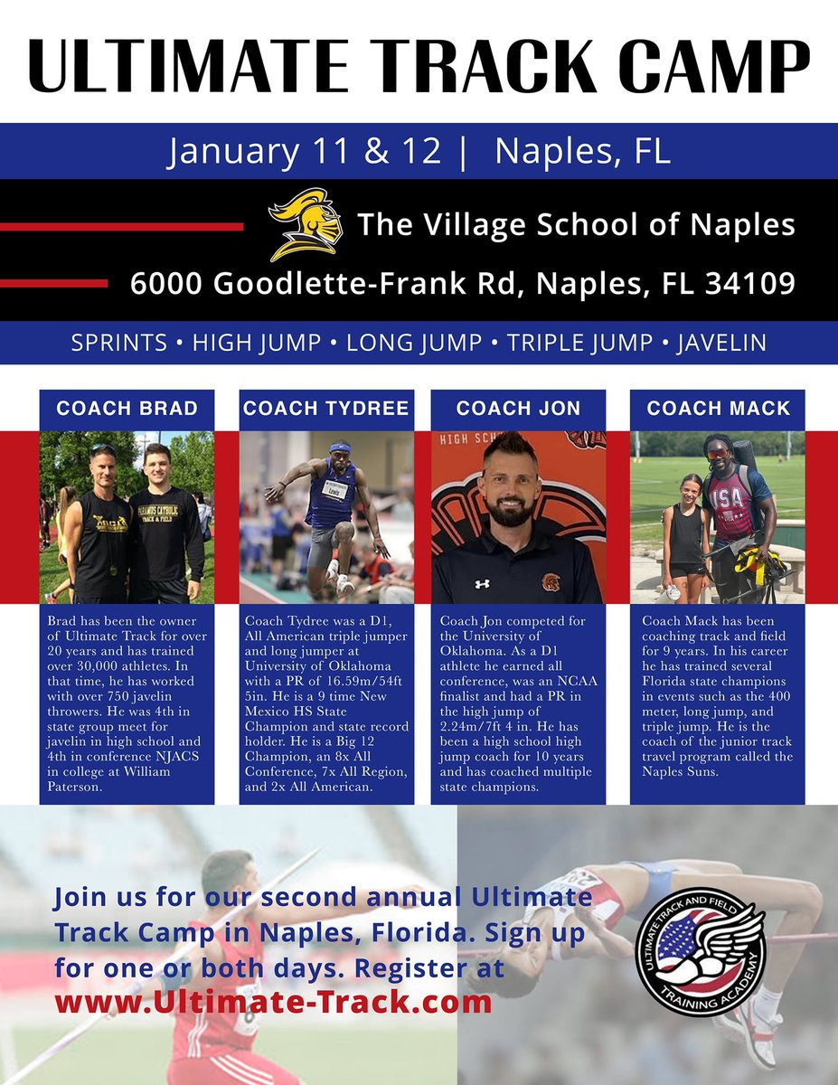 Southwest Florida Track and Field camp.. last minute registrations it’s time to get some work in before this season kicks off!! 

ultimate-track.com 

<a href="/TFRRS/">TFRRS</a> <a href="/milesplit/">MileSplit US</a> <a href="/tbredsfl_track/">Florida Thoroughbreds Track Club-Established 2021</a> <a href="/CoachMackNaples/">McKenzie Augustin</a>  

#highjump #longjump #javelin