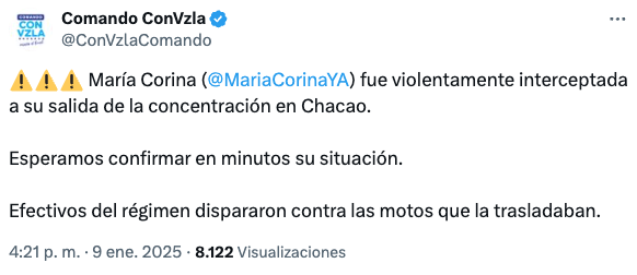 VPITV's tweet photo. 🚨 #URGENTE | Detenida María Corina Machado a su salida de la concentración en Chacao, Caracas.

El @ConVzlaComando denunció que "efectivos del régimen" dispararon contra las motos que la trasladaban.

Información en desarrollo...

Transmisión #EnVivo aquí: https://t.co/MQ8TvTvS0G