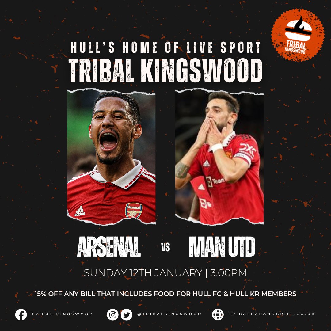 Tribal Kingswood (@tribalbarhull) on Twitter photo β½οΈ Sat, 12.15pm - Liverpool vs Accrington
β½οΈ Sat, 5.45pm - Man City vs Salford
β½οΈ Sun, 12.30pm - Tamworth vs Spurs
β½οΈ Sun, 3.00pm - Arsenal vs Man Utd
A busy weekend of FA Cup action coming up
Call 01482 458301, or email events@tribalbarandgrill.co.uk πβοΈ
π #TribalKingswood β½οΈ Sat, 12.15pm - Liverpool vs Accrington
β½οΈ Sat, 5.45pm - Man City vs Salford
β½οΈ Sun, 12.30pm - Tamworth vs Spurs
β½οΈ Sun, 3.00pm - Arsenal vs Man Utd
A busy weekend of FA Cup action coming up
Call 01482 458301, or email events@tribalbarandgrill.co.uk πβοΈ
π #TribalKingswood