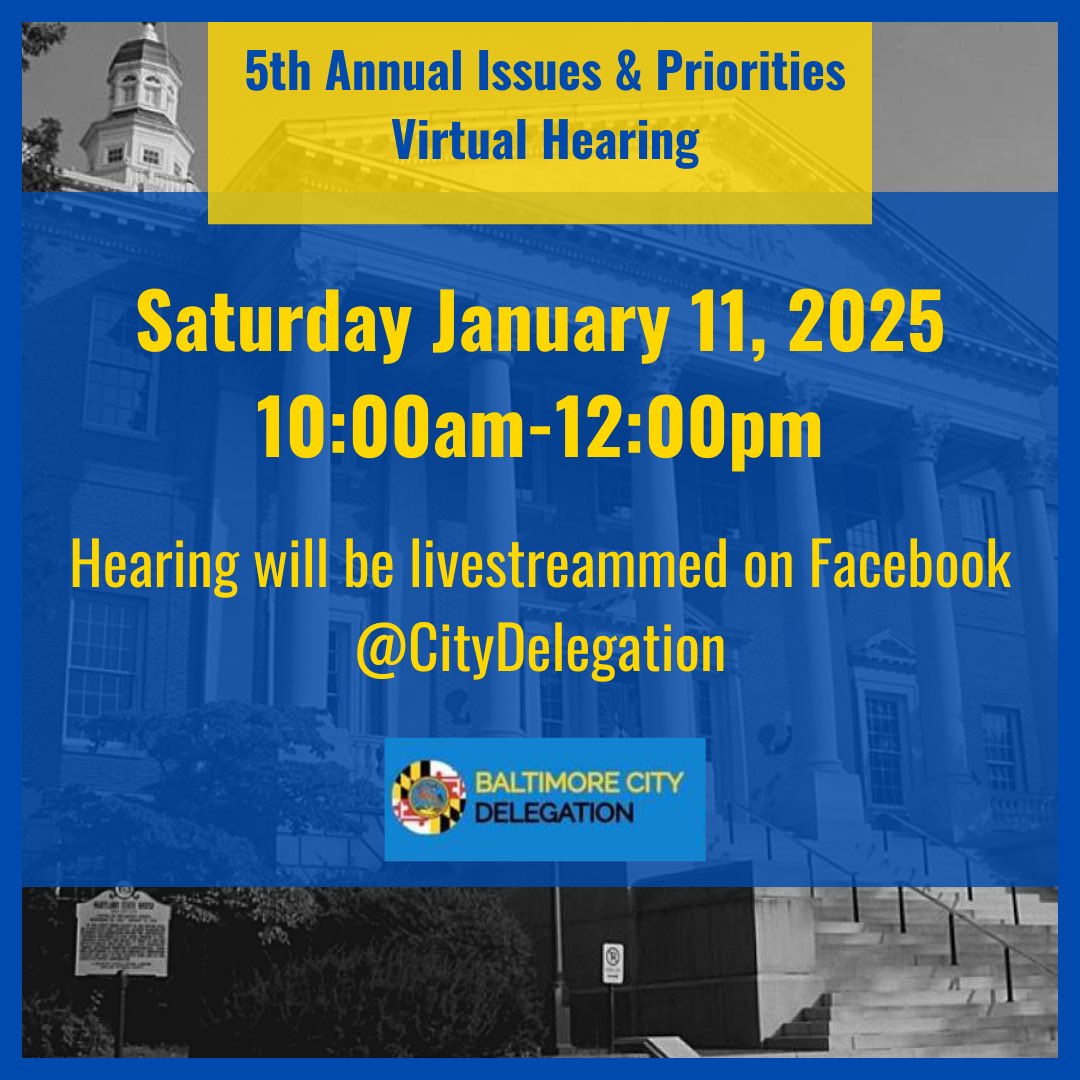 Baltimore City’s future is in your hands, and we want to hear your voice! 🌆

📆 Save the Date: Saturday, January 11th 10:00AM - 12:00PM
📍 Virtual Meeting via Zoom, live streaming will be available via Facebook 

docs.google.com/forms/d/e/1FAI…