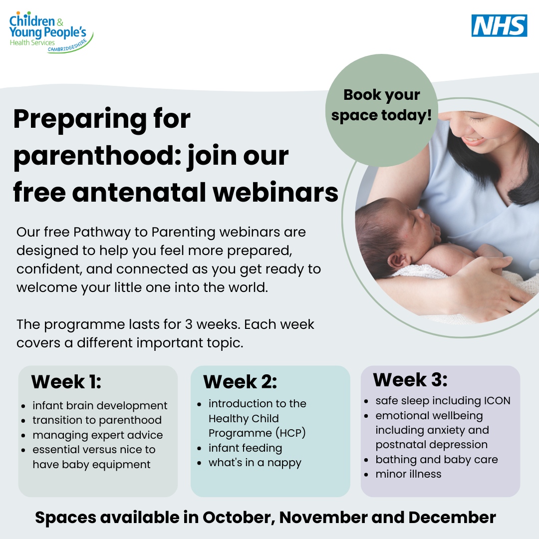 🤰 Our free Pathway to Parenting webinars are designed to help you feel more prepared, confident, and connected as you get ready to welcome your little one into the world.🤰
Book your place here: cambspborochildrenshealth.nhs.uk/services/cambr…