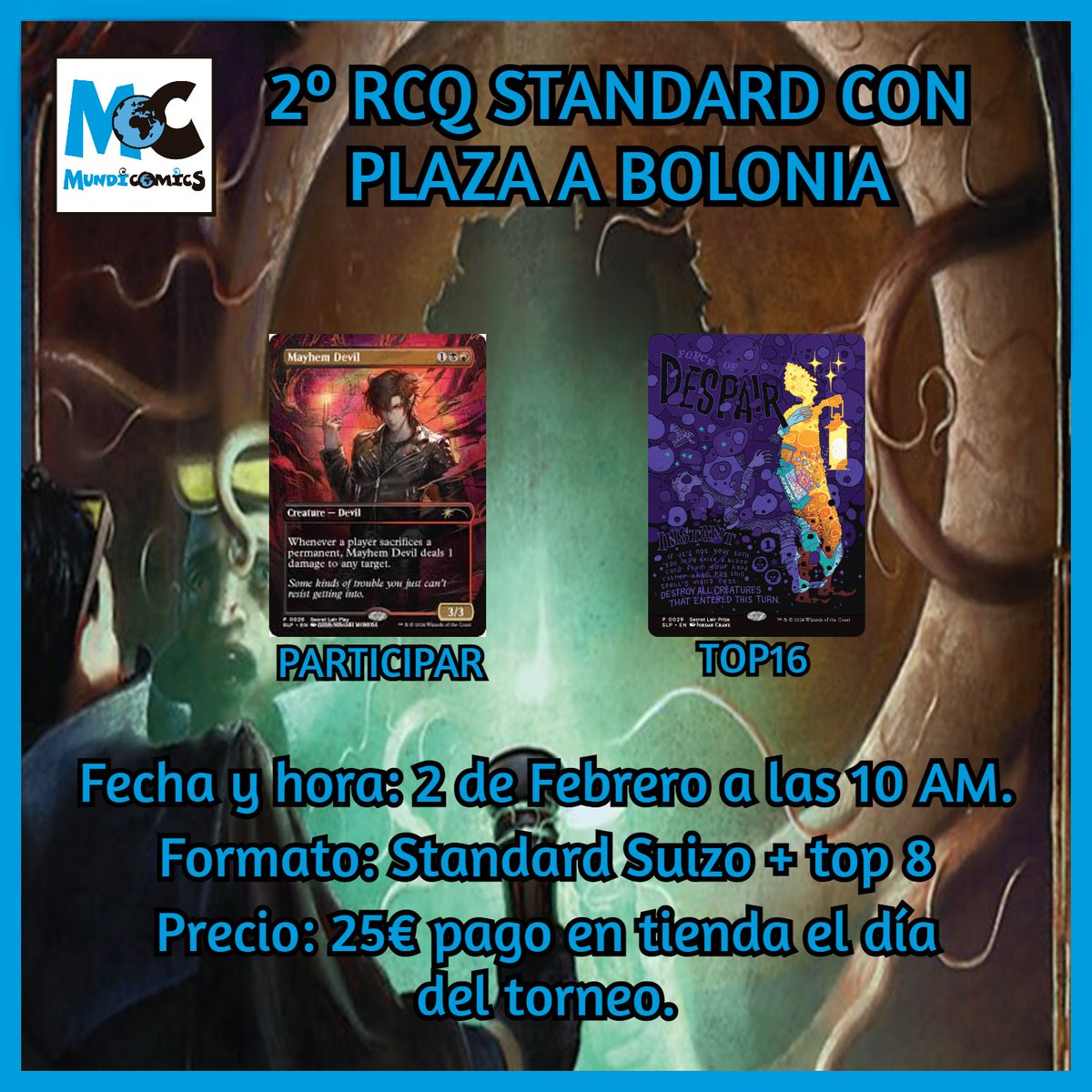 Continuamos con la tanda de RCQ de Standard!! El Domingo 2 de Febrero será el siguiente evento. Ya quedan pocas plazas!!

#rcqbolonia #magicthegathering #torrejondeardoz