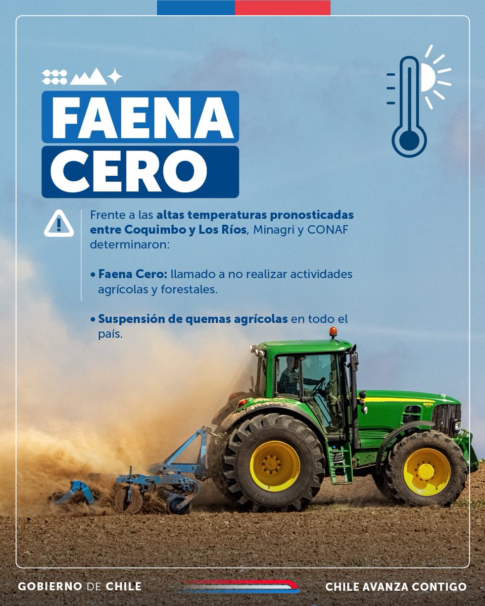 ⚠️🌡️ CONAF y Minagri llaman a agricultores a #FaenaCero frente a las altas temperaturas pronosticadas entre las regiones de Coquimbo y Los Ríos, desde este jueves 9 al domingo 12 de enero.

🚫🚜Con #FaenaCero se llama a no realizar actividades agrícolas y forestales

🚫🔥Además,