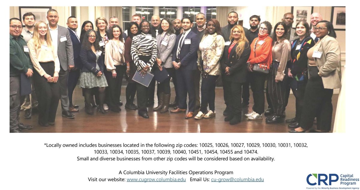 WMVeasy's tweet image. Columbia CU Grow: Vendor Development program is launching its 9th cohort next month!  Information sessions for Expert Coaches today, Jan 9 at 5:00pm: columbiauniversity.zoom.us/meeting/regist…
Program Candidate session Tues, Jan 14 at 4:00pm: columbiauniversity.zoom.us/meeting/regist…