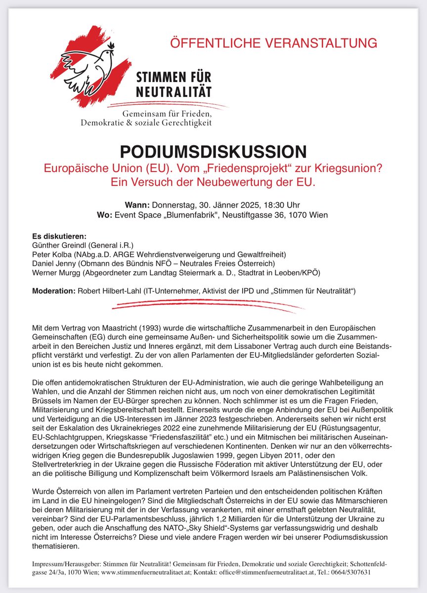 SNeutralitaet's tweet photo. WICHTIG! PODIUMSDISKUSSION! TERMIN 30. JÄNNER 2025❗️ https://t.co/Ch9TjdcCAB